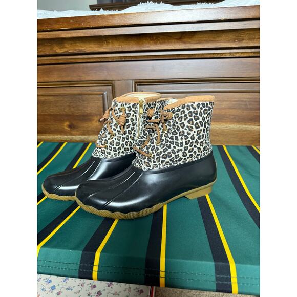 Sperry Saltwater Cheetah Print Waterproof Fleece Lined Duck Boots Women's 8.5 - Picture 2 of 10